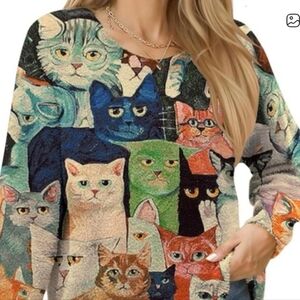 Colorful Cat Print Women's Sweater